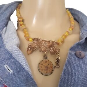 14K Gold Agate Bronze Clock Cut Out Yellow Frosted Glass Charm Wood Necklace